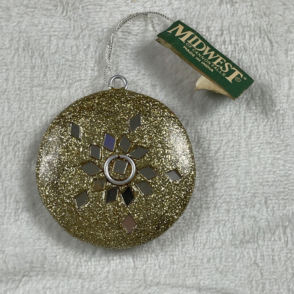 Midwest of Cannon Falls Gold Glitter Mirrored Snowflake Christmas Ornament New